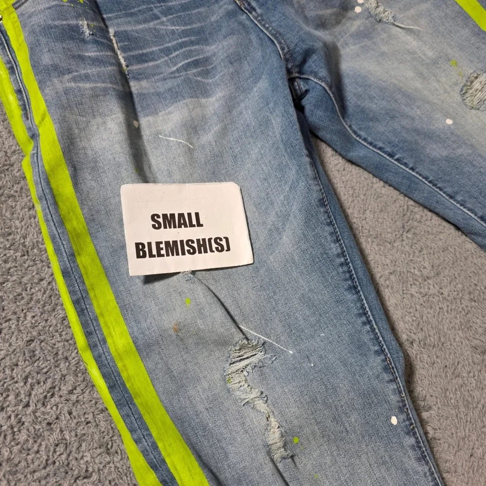 Amiri Mens 38 MX1 Distressed Jeans Light Blue Neon Yellow Stripe Paint Splatter